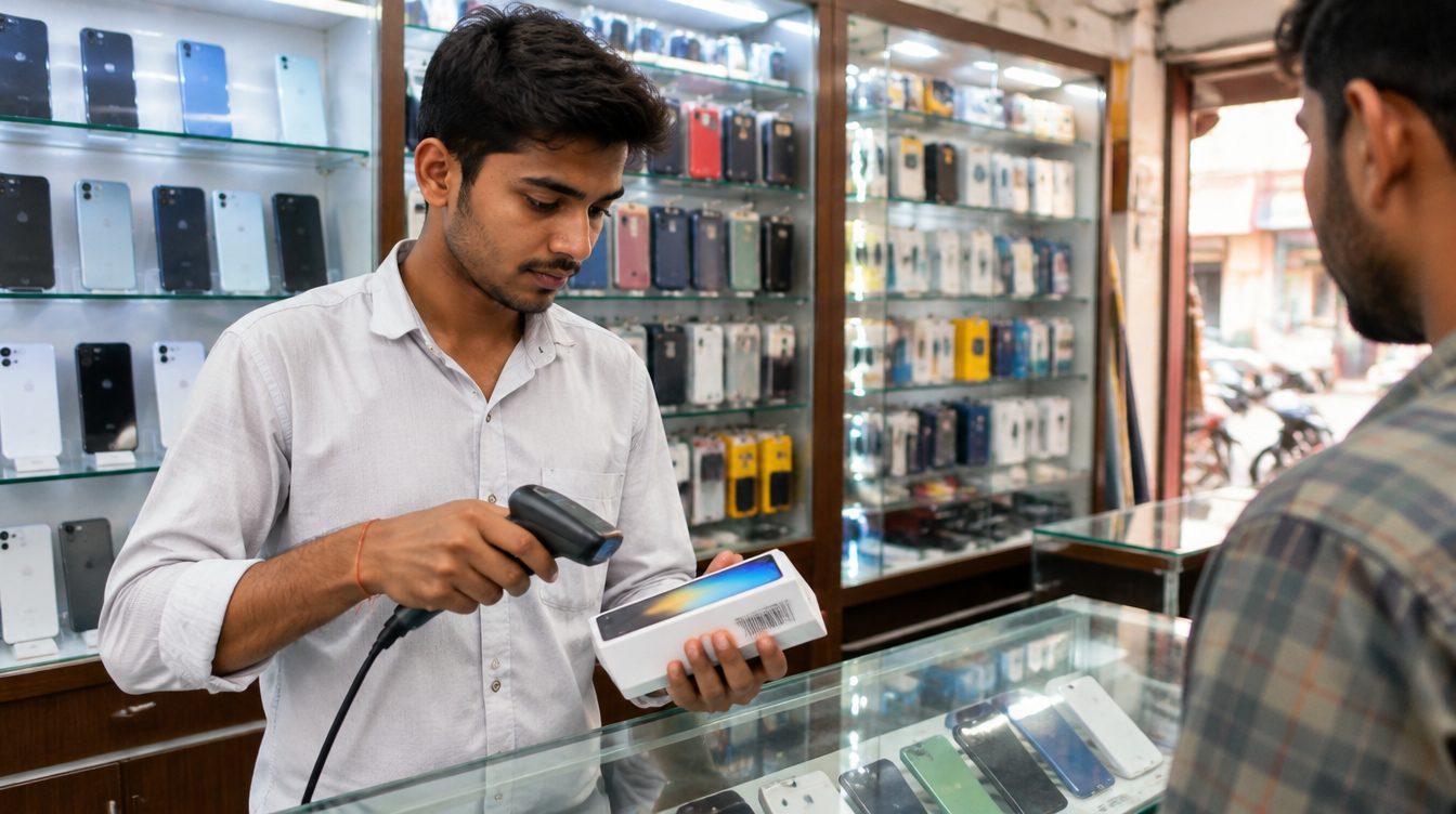 Counter staff scanning the IMEI barcode on a phone box